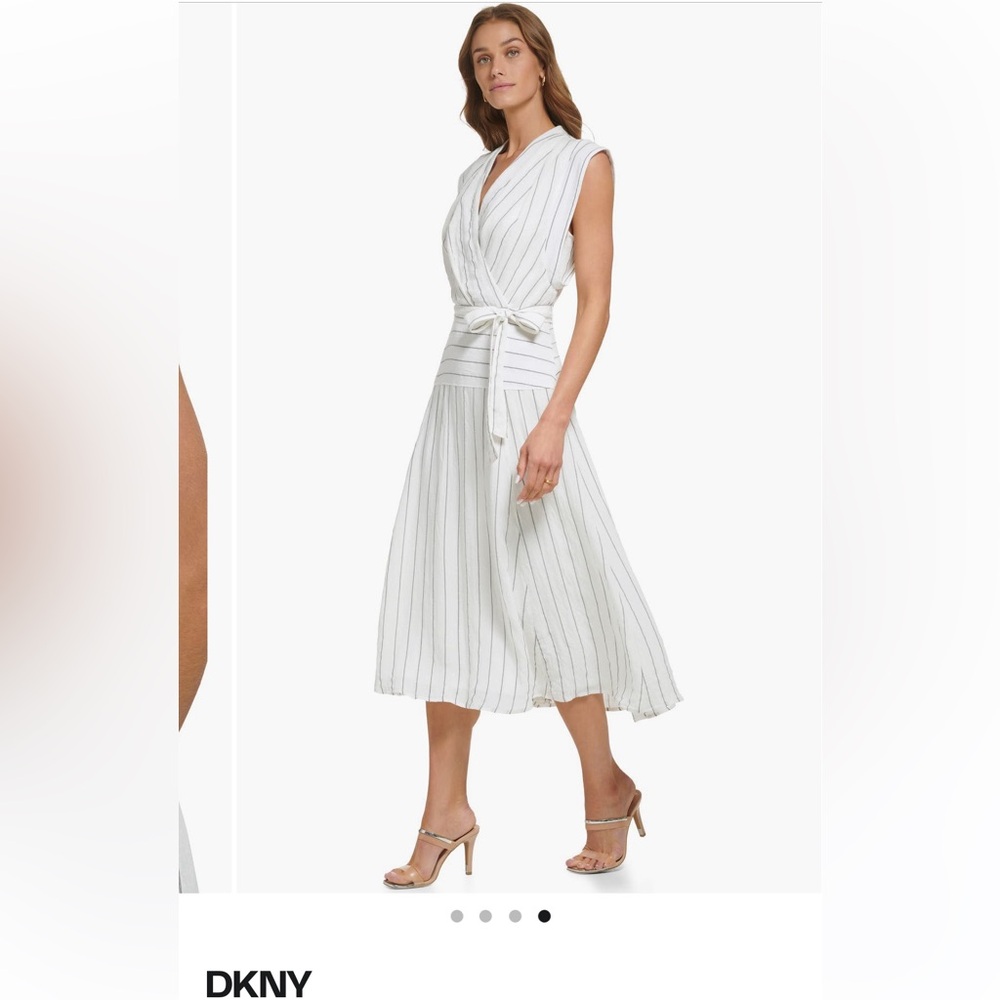 DKNY Pinstripe Cotton and Linen Mid Dress